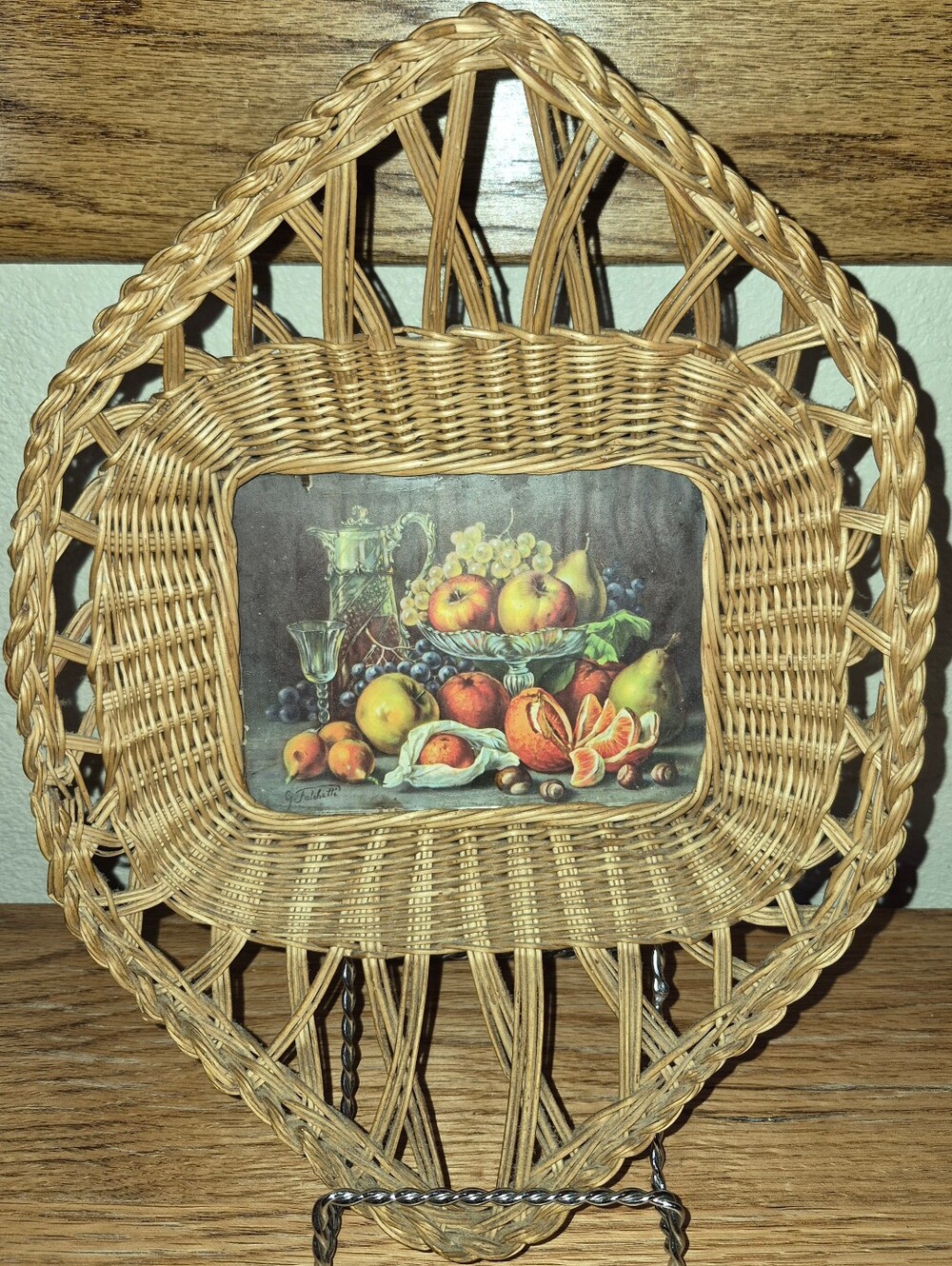 Vintage Mexican Basket Tray G. Falchetti Fruit Litho Print Wicker Cottage Core